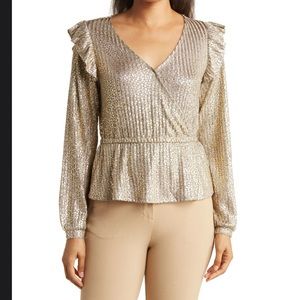 NWT Belldini womens Gold Ribbed Foil Pront Surplice Top Size M